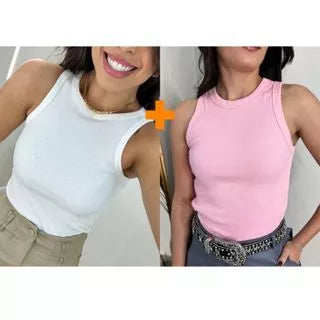Kit 2 Blusas Feminina Regata Canelada Ribana Premium Social Americana Básica