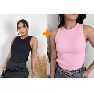 Kit 2 Blusas Feminina Regata Canelada Ribana Premium Social Americana Básica