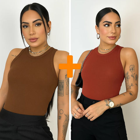 Kit 2 Blusas Feminina Regata Canelada Ribana Premium Social Americana Básica