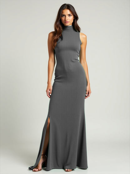 Vestido Longo com Racha e Gola Alta Feminino  Canelado
