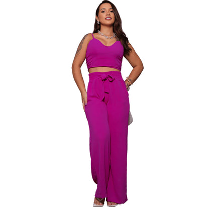 Conjunto Feminino Duna Areia – Calça Pantalona e Cropped com Bojo