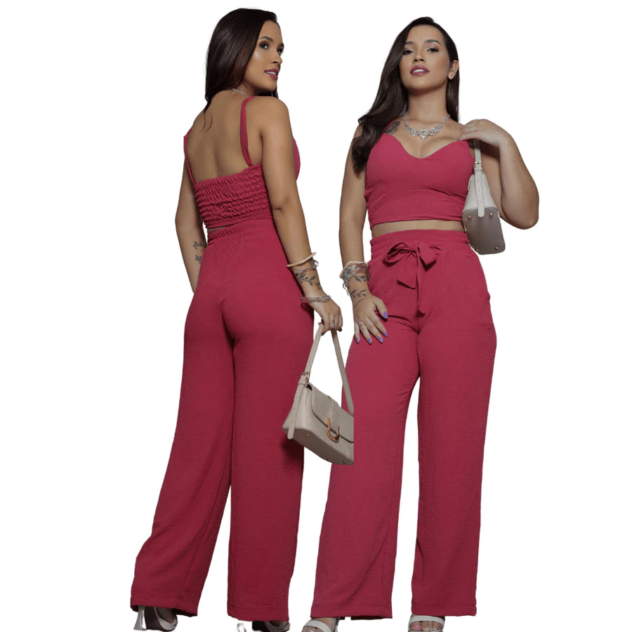 Conjunto Feminino Duna Areia – Calça Pantalona e Cropped com Bojo