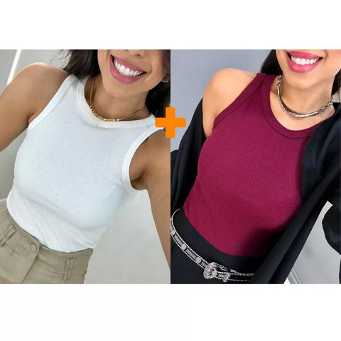 Kit 2 Blusas Feminina Regata Canelada Ribana Premium Social Americana Básica