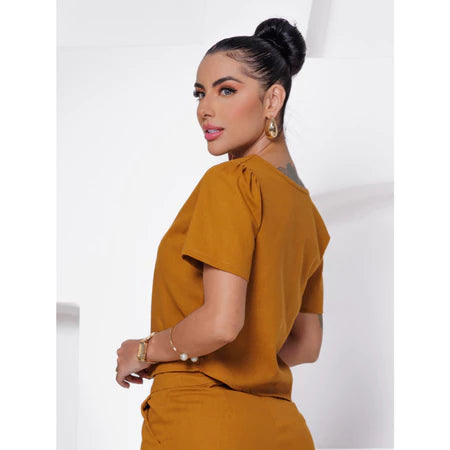 Blusa Feminina Linho Básica com Manga Curta