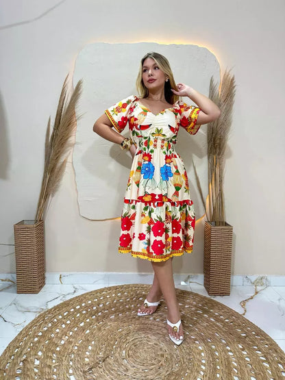 Vestido Curto Feminino Soltinho com Lastex na Cintura em Crepinho