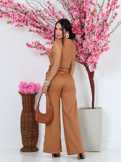 Conjunto Feminino Social Calça e Colete em Alfaiataria com Cinto Forrado