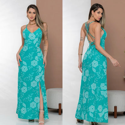 Vestido Longo Feminino Costa Nua Estampado com Fenda e Bojo