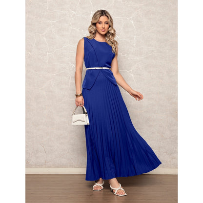 Conjunto Feminino Alfaiataria com Blusa Ajustada, Cinto Elegante e Saia Longa Plissada