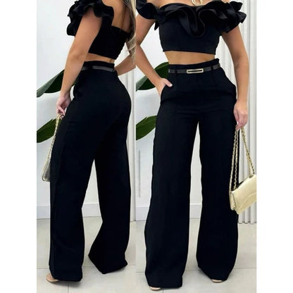 Calça Social Alfaiataria Pantalona Feminina Cintura Alta com Cinto e Zíper Lateral