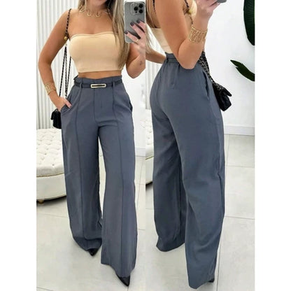 Calça Social Alfaiataria Pantalona Feminina Cintura Alta com Cinto e Zíper Lateral