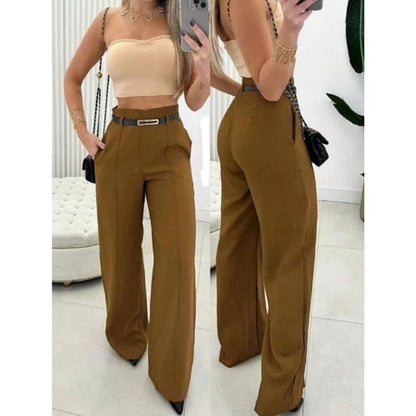 Calça Social Alfaiataria Pantalona Feminina Cintura Alta com Cinto e Zíper Lateral