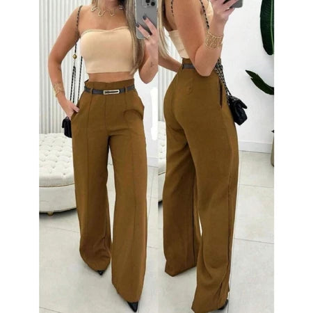 Calça Social Alfaiataria Pantalona Feminina Cintura Alta com Cinto e Zíper Lateral
