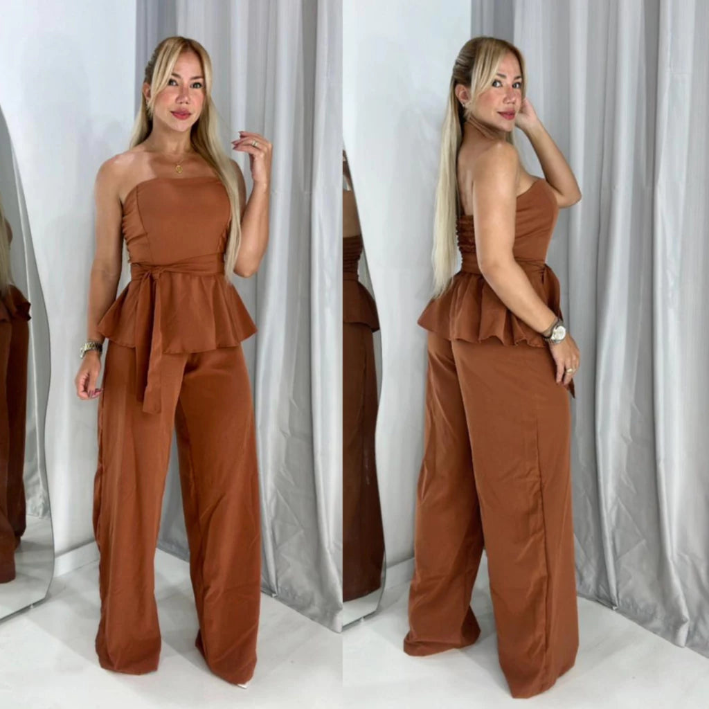 Conjunto Feminino Luxo Calça Pantalona e Blusa Tomara que Caia