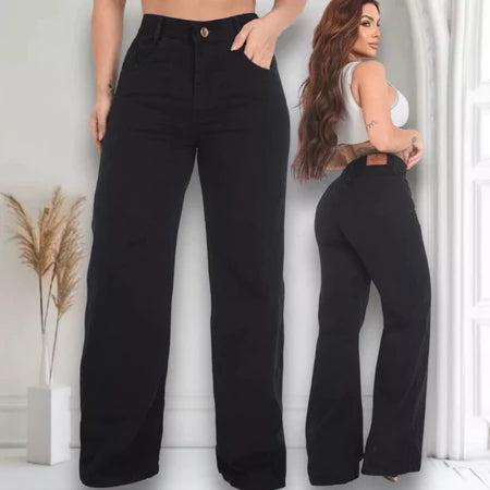 Calça Wide Leg Jeans Feminina Cintura Alta Pantalona