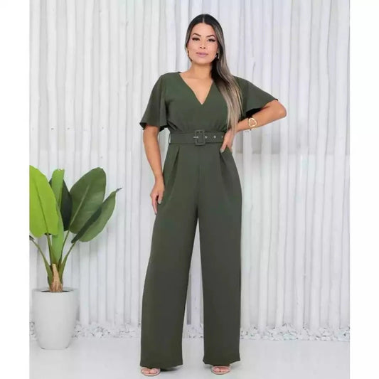 Macacão Longo Pantalona Feminino com Cinto Removível Simples Glamour