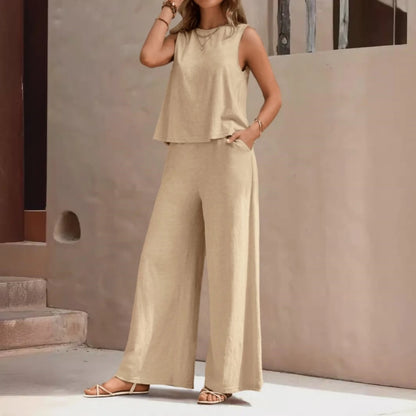Conjunto Feminino Elegante Casual Top Tank e Calça de Pernas Largas