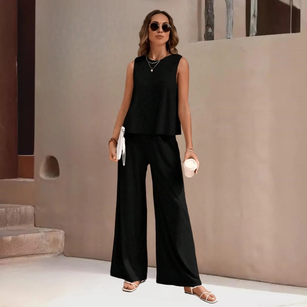 Conjunto Feminino Elegante Casual Top Tank e Calça de Pernas Largas