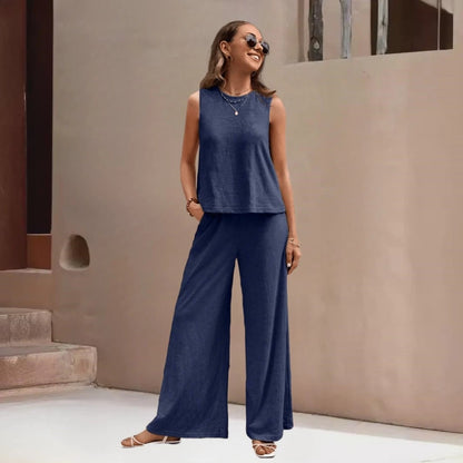 Conjunto Feminino Elegante Casual Top Tank e Calça de Pernas Largas