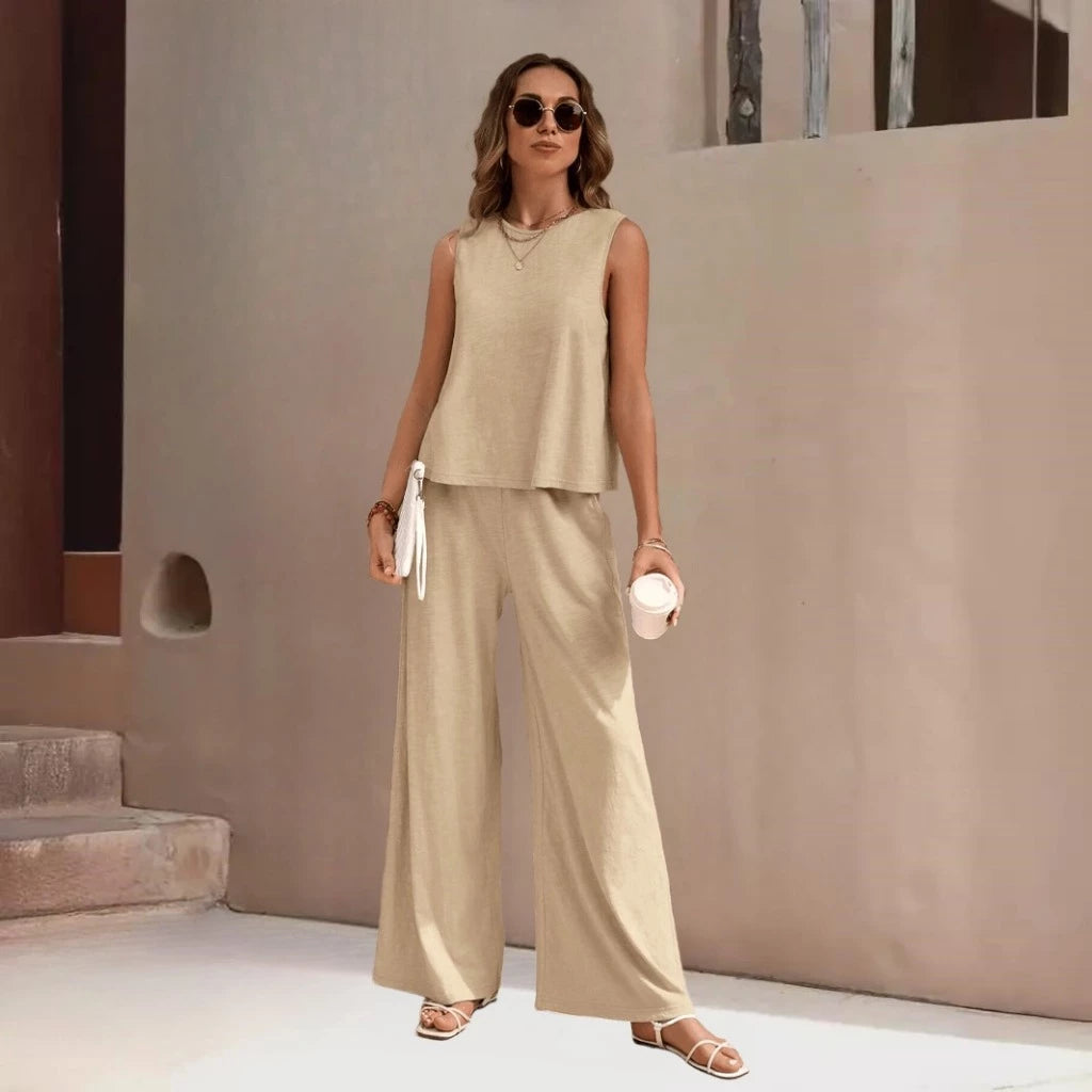 Conjunto Feminino Elegante Casual Top Tank e Calça de Pernas Largas