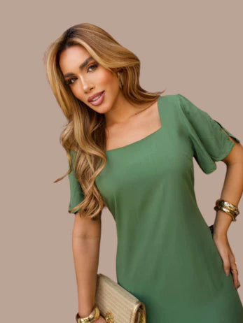 Vestido Feminino com Manga em Viscolinho Liso – Elegância e Conforto