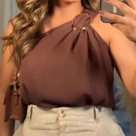 Blusa Feminina Duna Premium – Um Ombro Só com Manga Mula Manca e Fivela Dourada