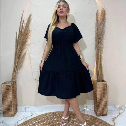 Vestido Curto Feminino Soltinho com Lastex na Cintura em Crepinho