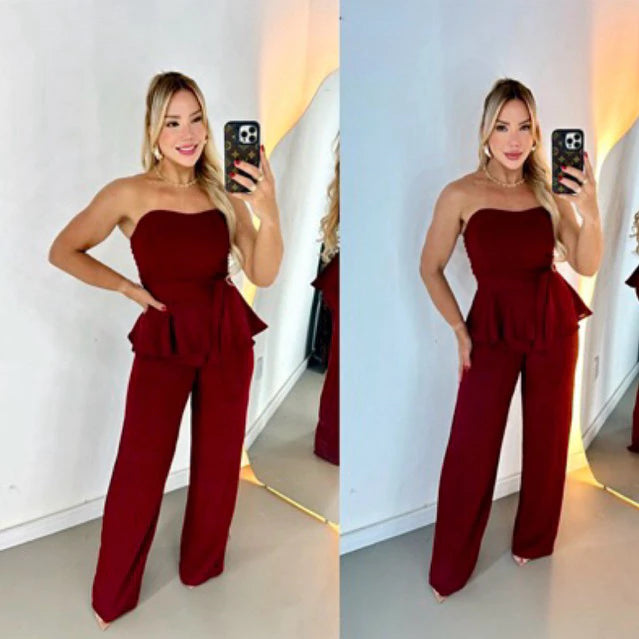 Conjunto Feminino Luxo Calça Pantalona e Blusa Tomara que Caia