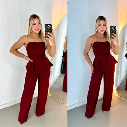 Conjunto Feminino Luxo Calça Pantalona e Blusa Tomara que Caia