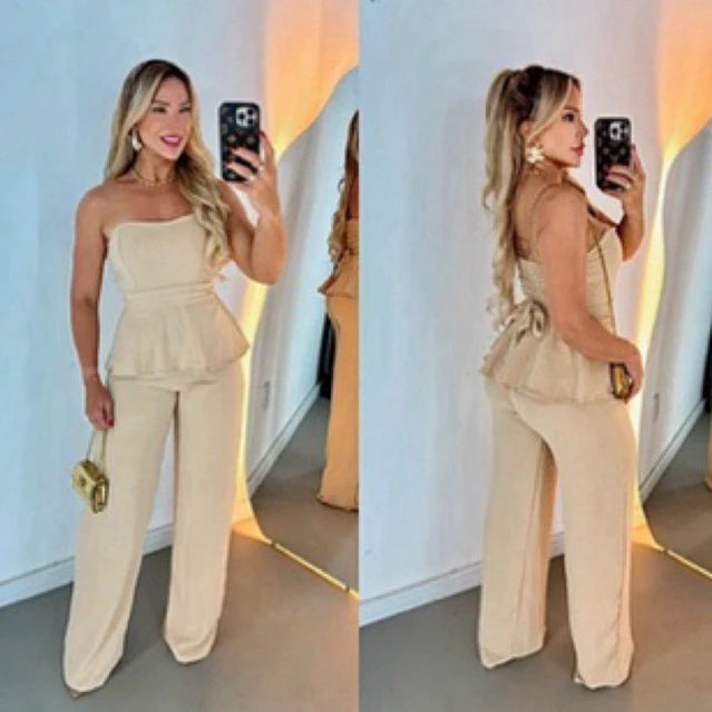 Conjunto Feminino Luxo Calça Pantalona e Blusa Tomara que Caia