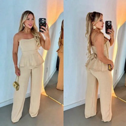 Conjunto Feminino Luxo Calça Pantalona e Blusa Tomara que Caia