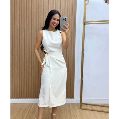 Vestido Feminino Midi em Alfaiataria com Amarração Lateral