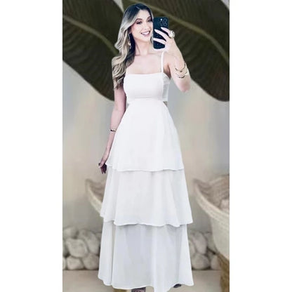 Vestido Longo Feminino de Alça – Chiffon, Babados e Amarração nas Costas