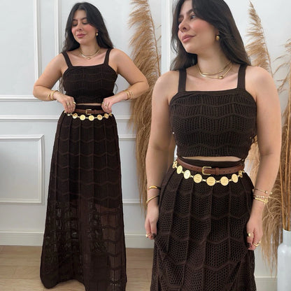 Conjunto Cropped e Saia Longa Feminino em Tricot Rendado