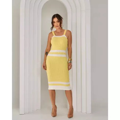 Vestido Midi Tricot Alcinha Regata Canelado Listrado