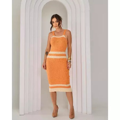 Vestido Midi Tricot Alcinha Regata Canelado Listrado