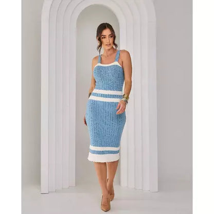 Vestido Midi Tricot Alcinha Regata Canelado Listrado