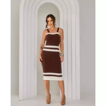 Vestido Midi Tricot Alcinha Regata Canelado Listrado