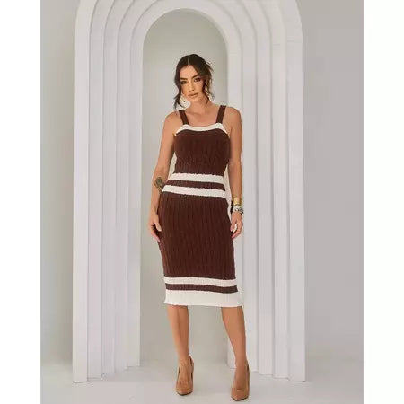 Vestido Midi Tricot Alcinha Regata Canelado Listrado