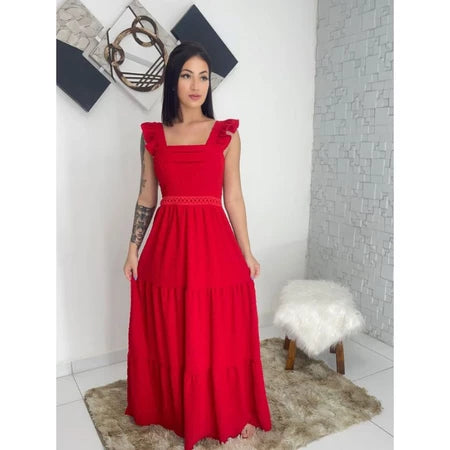 Na compra do Vestido Longo Luxo com Babado na Manga e Renda na Cintura, você ganha uma Pulseira Escama de Peixe