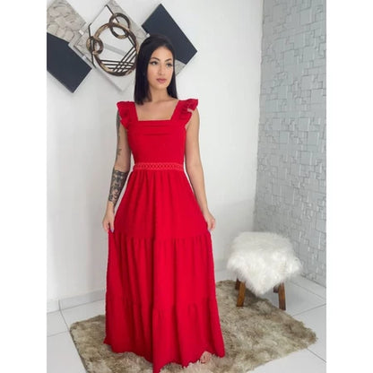 Na compra do Vestido Longo Luxo com Babado na Manga e Renda na Cintura, você ganha uma Pulseira Escama de Peixe