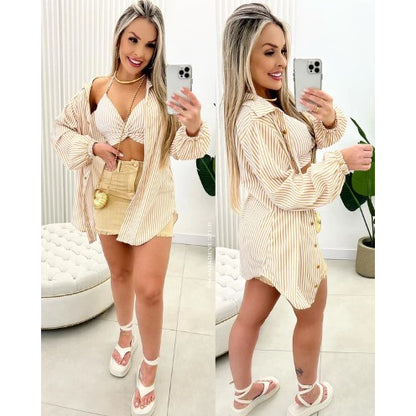 Conjunto Cropped com Bojo e Chemise Listrada