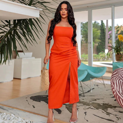 Vestido Midi Linho Feminino Luxo Amarração nas Costas Drapeado C/ Alcinha Verão