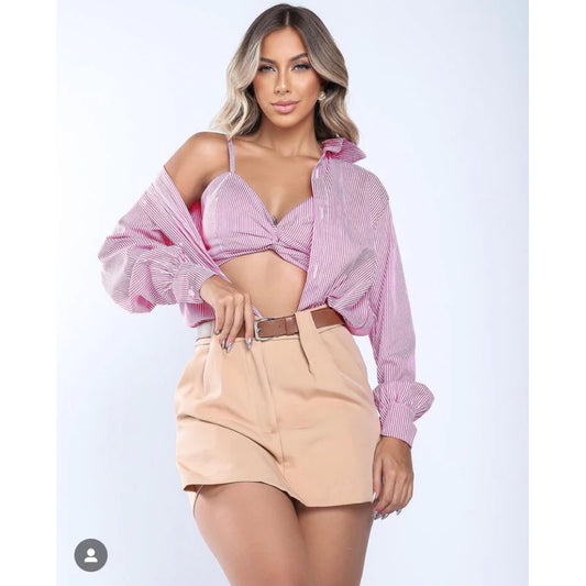 Conjunto Cropped com Bojo e Chemise Listrada