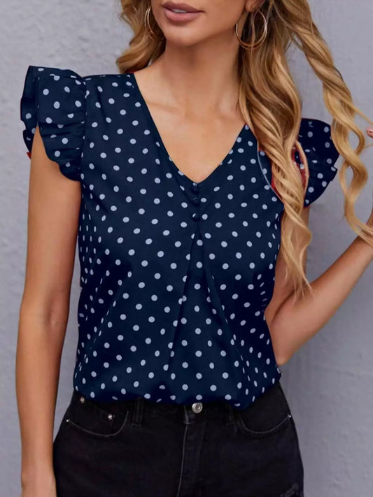 Blusa Feminina Elegante de Bolinhas com Babado Plissado e Botões