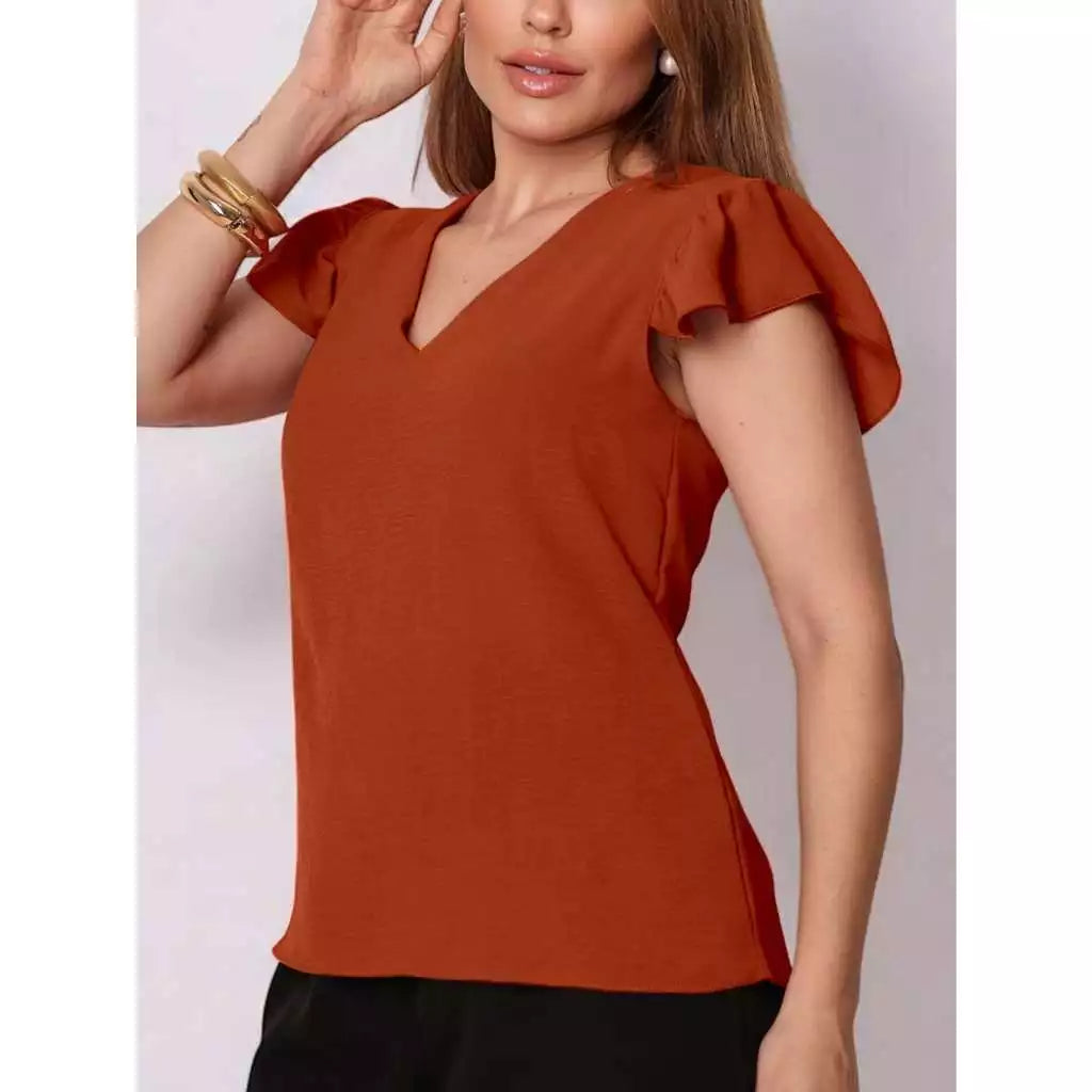 Blusa Feminina Manga Curta em Tecido Duna com Babado