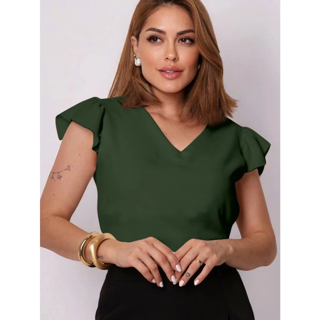 Blusa Feminina Manga Curta em Tecido Duna com Babado