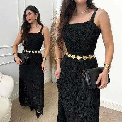 Conjunto Cropped e Saia Longa Feminino em Tricot Rendado