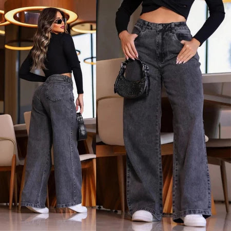 Calça Wide Leg Jeans Feminina Cintura Alta Pantalona