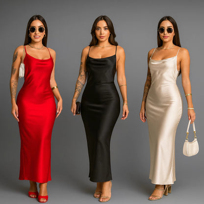 Vestido Mídi Feminino em Cetim com Alça Fina Regulável
