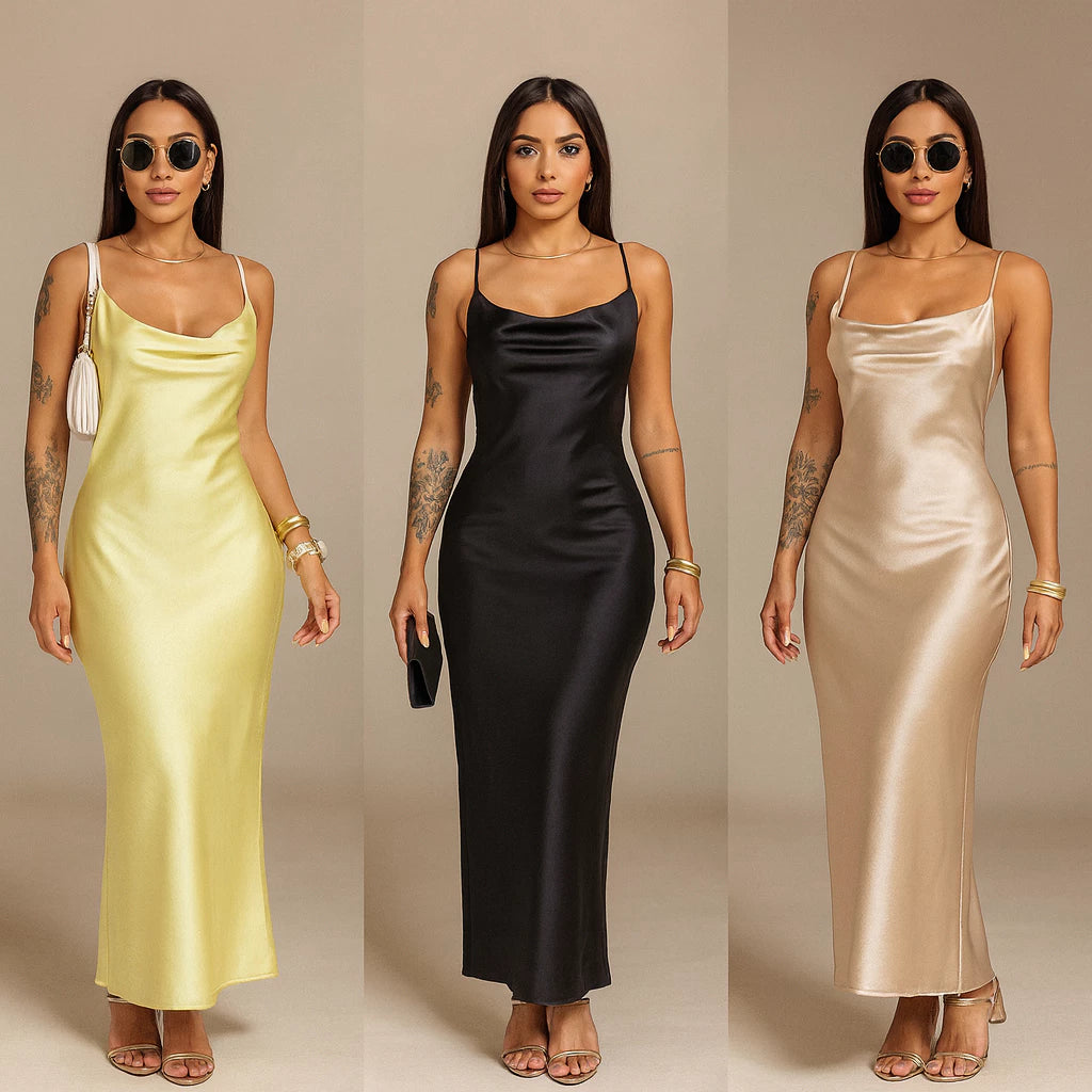 Vestido Mídi Feminino em Cetim com Alça Fina Regulável